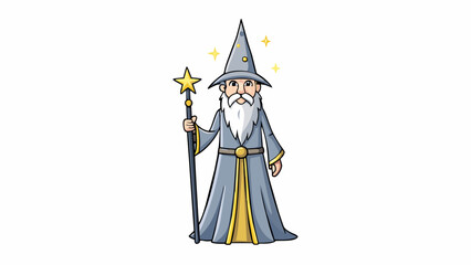 The wizard stood tall his long flowing robe made of silver and gold threads that shimmered in the sunlight. His pointed hat adorned with stars and. Cartoon Vector.