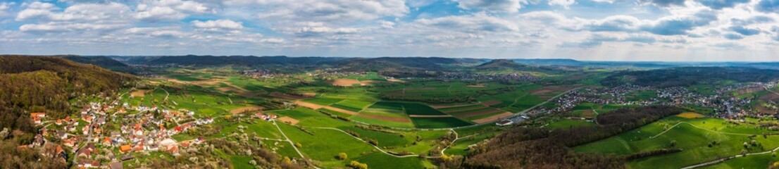 Aerial panorama of the Wiesent Valley with the village of Reifenberg on the left of the picture