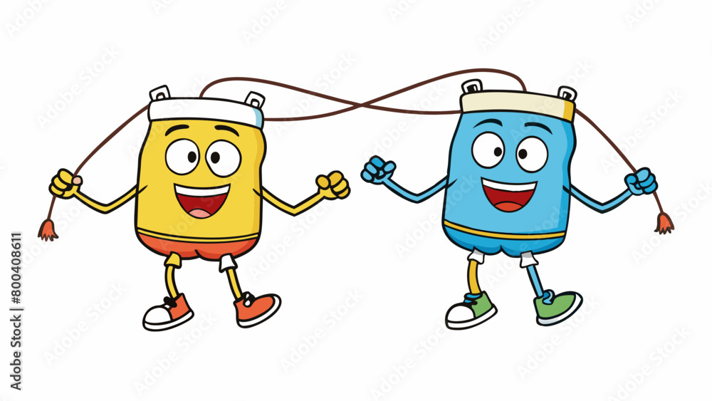 Aufkleber Two friends using a makeshift jump rope made out of a clothesline laughing and counting as they challenge each other to do more jumps in a row.  on. Cartoon Vector.