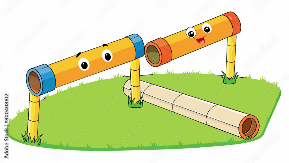 Poster Two sy PVC tubes fixed parallel to each other on a grassy field. These makeshift parallel bars are commonly used in outdoor obstacle courses and offer. Cartoon Vector.