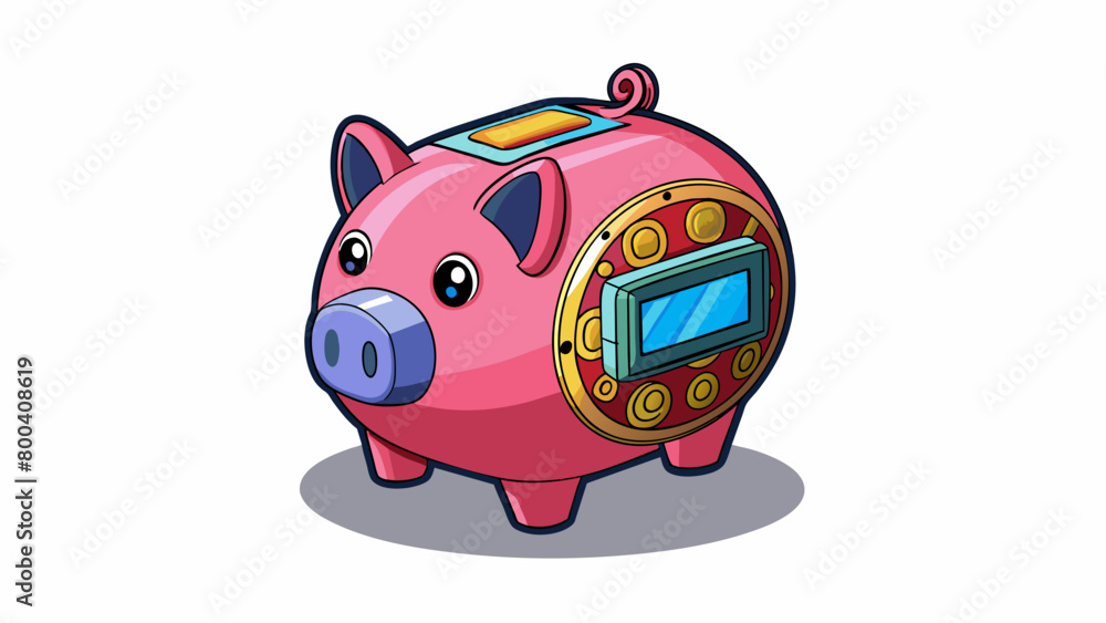Poster toy piggy bank a e pigshaped container with a coin slot on top. it is made of plastic and is decorat