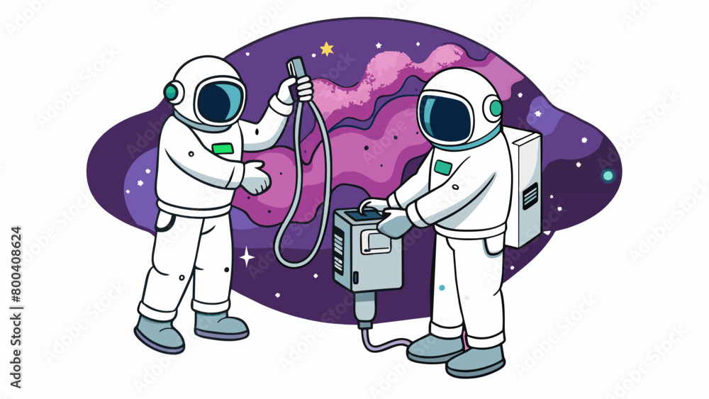 Poster two astronauts in bulky white suits work together to install a new antenna on their spacecraft. with