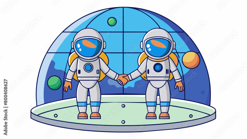 Poster Two astronauts decked out in hightech space suits hold hands as they float through the zerogravity environment inside a spacious domeshaped spaceship.. Cartoon Vector.
