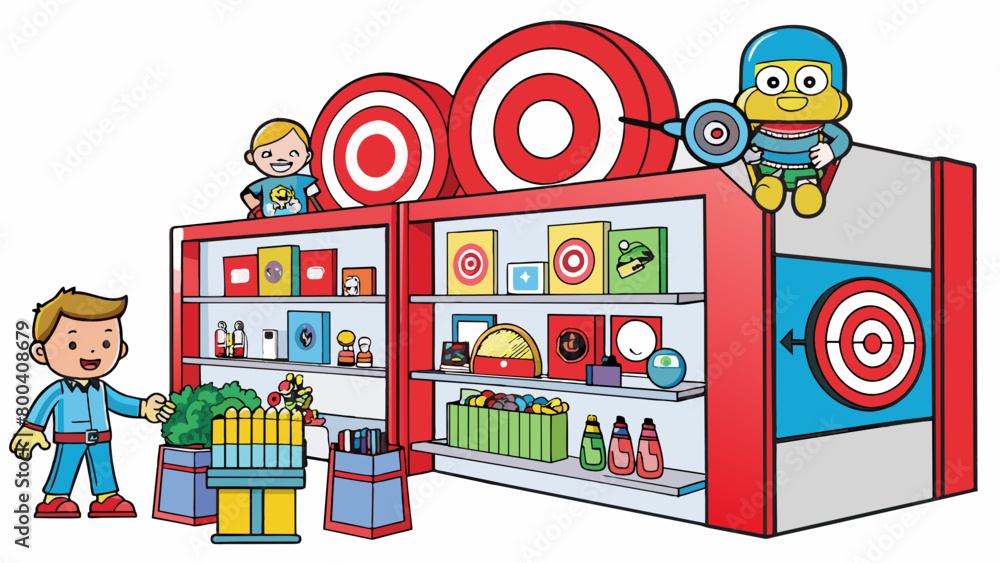 Poster While browsing the toy section at Target you can find shelves filled with boxes of board games dolls and action figures. The displays are eyecatching. Cartoon Vector.