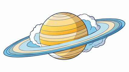 Underneath Saturns thick layer of clouds lies a vibrant swirling atmosphere of hydrogen and helium gases. Winds reaching up to 1100 miles per hour. Cartoon Vector. - obrazy, fototapety, plakaty