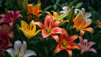 Vibrant lilies of various colors blooming in a lush garden