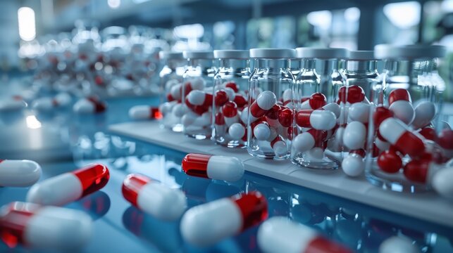 Advanced pharmaceuticals in research lab with rows of capsules and vials showcasing modern medicine