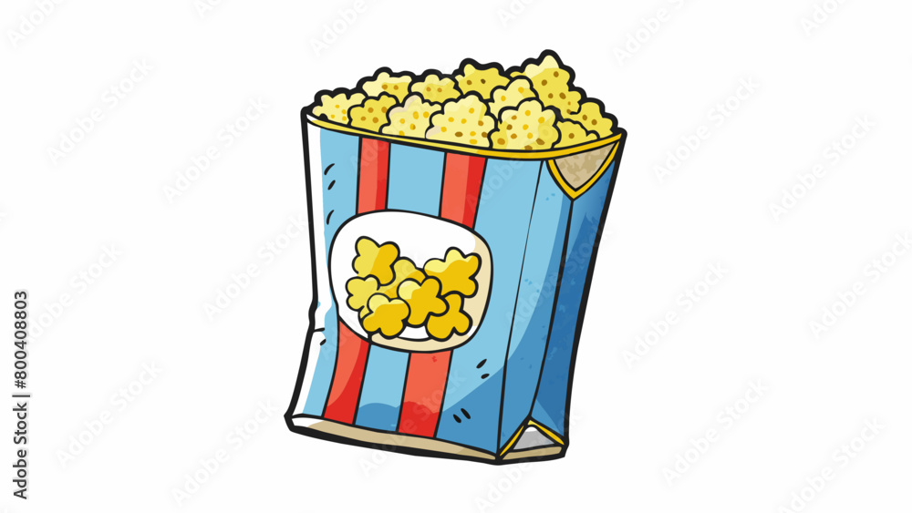 Poster a bag of microwave popcorn its metallic packaging decorated with colorful graphics. the kernels insi