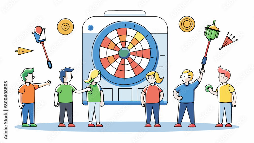 Poster a bar setting with a large electronic dartboard mounted on the wall surrounded by a group of friends