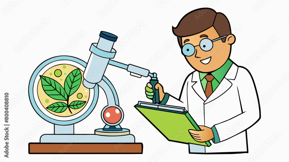 Wall mural A biologist is examining a clear glass slide under a microscope making small notations on a piece of paper. The slide contains a crosssection of a. Cartoon Vector.