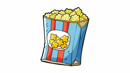 A bag of microwave popcorn its metallic packaging decorated with colorful graphics. The kernels inside are sealed in a vacuumsealed packet each one. Cartoon Vector.