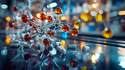 Innovation in pharmaceuticals, molecular structure with pills in a modern lab setting