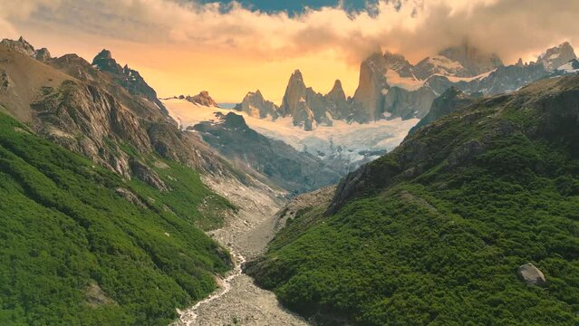 Aerial view on mount Fitzroy at sunset time in Patagonia, El Chalten, Argentina.