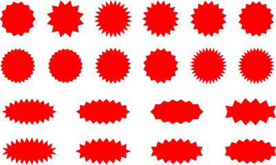 Starburst red sticker set - collection of special offer sale oval and round shaped sunburst labels and badges. Promo stickers with star edges. Vector.
