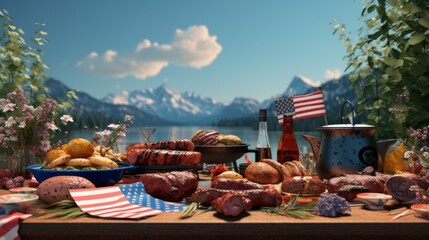 A vivid depiction of a patriotic American BBQ picnic with delectable food and the flag on a beautiful lake background - Powered by Adobe