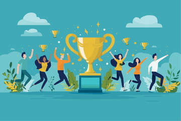 Digital illustration of a business team carrying a big golden trophy