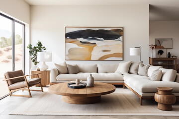 Interior of a modern living room with Mid-Century modern style.