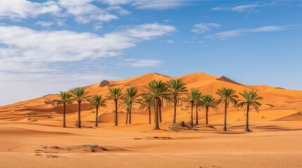 Fototapeta na wymiar Palm trees stand tall in the desert under the vast blue sky