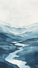 Fototapeta premium A soothing watercolor painting of a peaceful river flowing gently through a minimalist landscape.