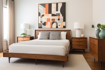 Interior of a modern bedroom with Mid-Century style.