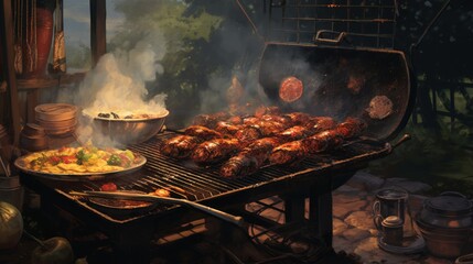 An evening rustic barbecue scene with a flaming grill and a variety of meats cooking