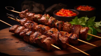 A mouth-watering shot capturing skewered chunks of grilled meat garnished with herbs on a rustic wooden board