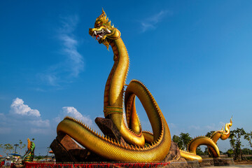Golden Naga statue At Thawatchai Reservoir, Thawatchaburi District, Roi Et Province  Thailand.