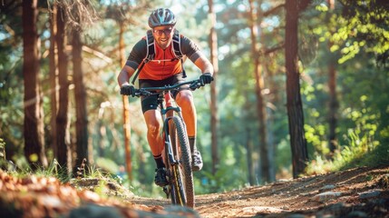 An extreme mountain bike sport athlete man riding outdoors on a lifestyle trail, showcasing the exhilaration and thrill of outdoor sports.