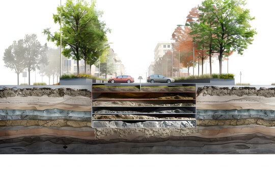 cross-section of a street that prominently features a detailed the underground soil layers