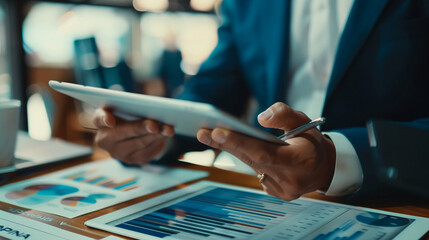 Strategic Business Analysis: Finance Analyst Utilizes Digital Tablet for Data Analysis and Target Planning - obrazy, fototapety, plakaty