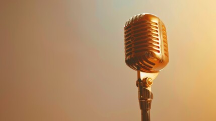 Golden microphone on a stand casting a warm glow against a minimalist backdrop