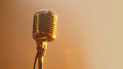 Golden microphone on a stand casting a warm glow against a minimalist backdrop
