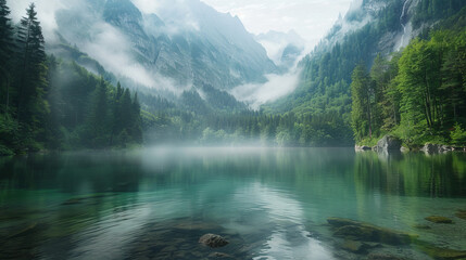 A beautiful lake surrounded by mountains with a foggy mist in the air