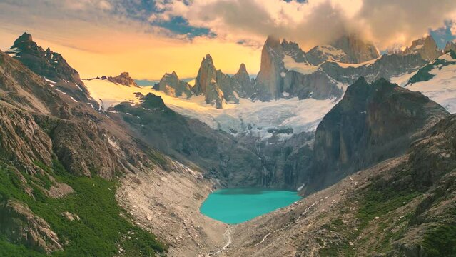 Aerial view on mount Fitzroy with lake Laguna de Los Tres and sunset in Patagonia, El Chalten, Argentina.