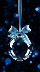 Christmas background. Transparent Christmas ball with a blue ribbon and a bow close-up on a black background with bokeh.