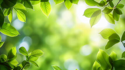 Natural background with a frame of branches with green leaves with copy space. Blurred greenery background with bokeh with a border of green leaves.
