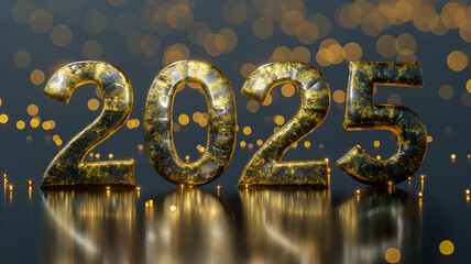 Large golden numbers 2025 on a dark background with bokeh. Happy New Year 2025 card design.
