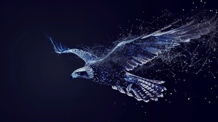 An illustration of an eagle flying formed from lines, triangles, and particle-style design.