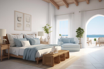 Luxurious Interior of a modern bedroom, views of the Mediterranean sea.