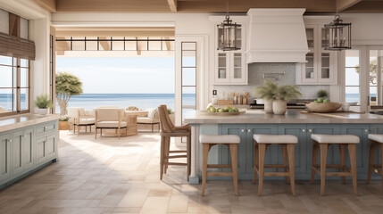 Fototapeta premium Luxurious Interior of a modern kitchen, views of the Mediterranean sea.