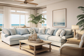 Luxurious Interior of a modern living room, views of the Mediterranean sea.