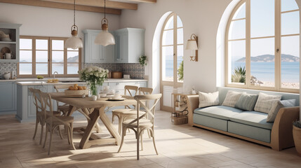 Luxurious Interior of a modern kitchen, views of the Mediterranean sea.