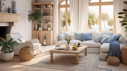 Obraz premium Luxurious Interior of a modern living room, views of the Mediterranean sea.