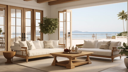 Fototapeta premium Luxurious Interior of a modern living room, views of the Mediterranean sea.