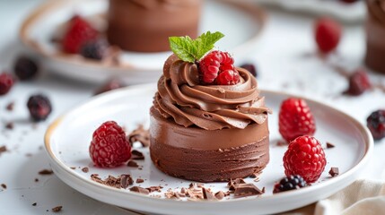 Elegant chocolate mousse with fresh raspberries and mint on a white porcelain plate