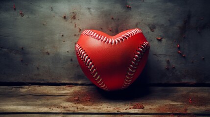 This image features a heart-shaped baseball resting on a worn wooden surface with rustic metal background - Powered by Adobe