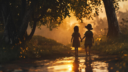 Fototapeta premium Children walking hand in hand in the evening