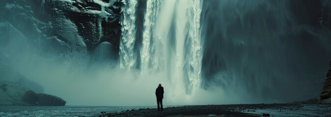  a man standing at the bottom looking up to the waterfall, water mist rising from the top,