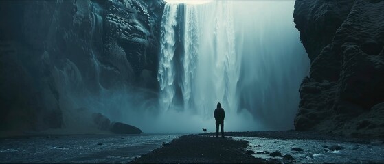  a man standing at the bottom looking up to the waterfall, water mist rising from the top,