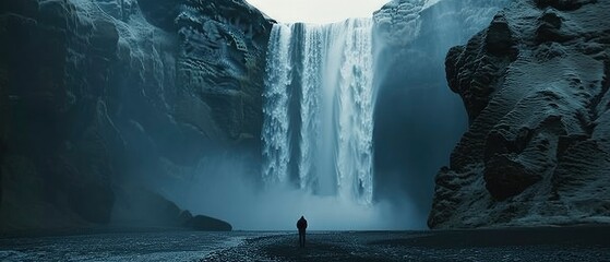  a man standing at the bottom looking up to the waterfall, water mist rising from the top,